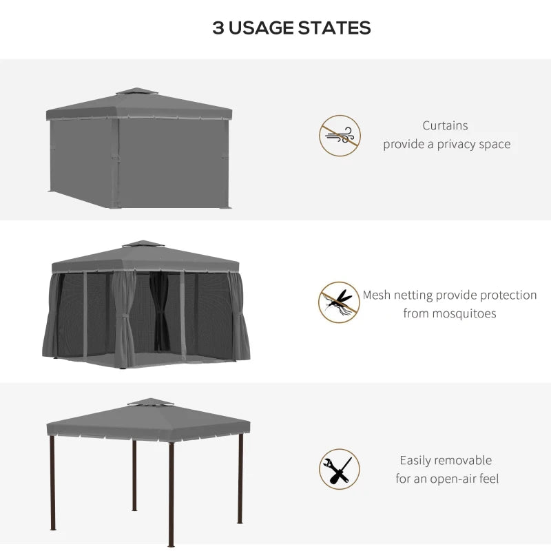 3 x 3m Patio Gazebo with Curtains & Mosquito Netting, Double Tier Water-Repellent Roof, Aluminium Frame Garden Pavilion Tent – Dark Grey