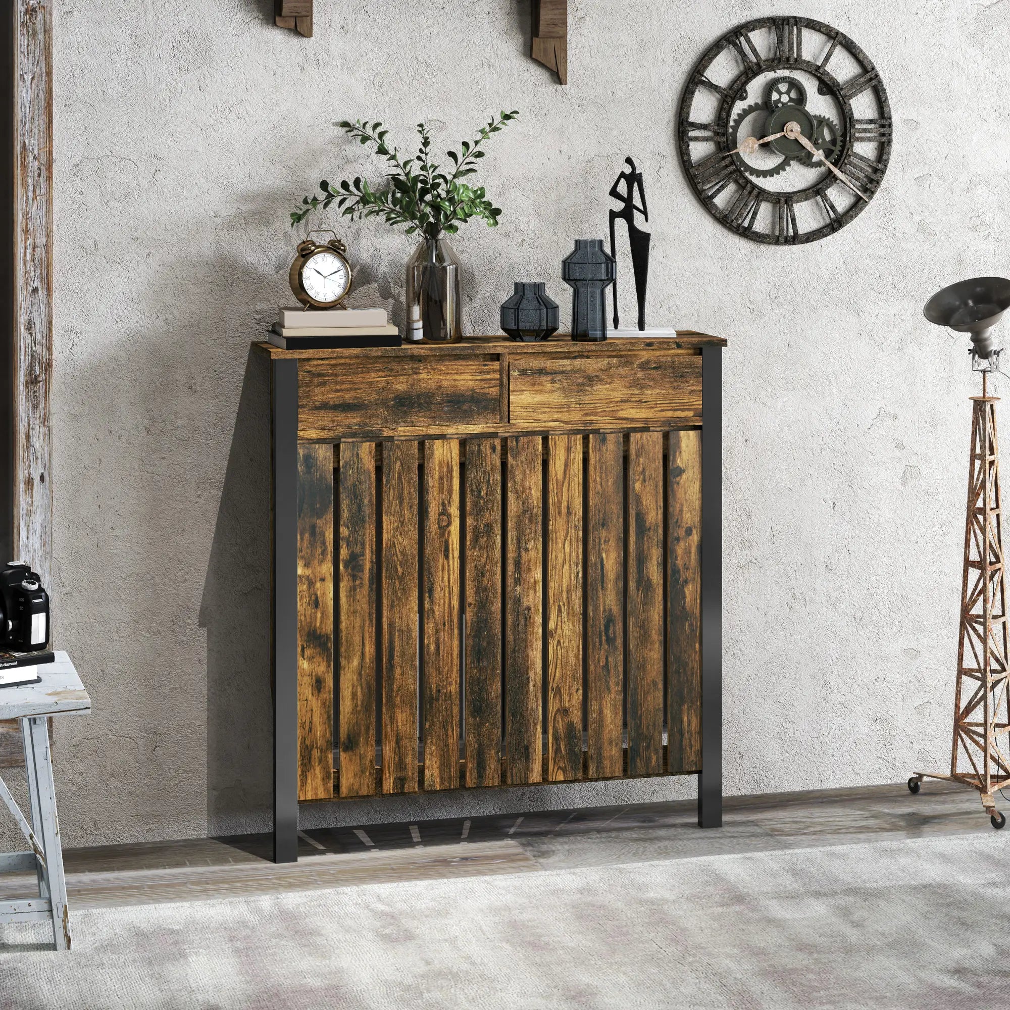 Rustic Radiator Cover with Drawer – Industrial MDF Heater Cover Cabinet, Brown & Black, 88.5 x 19 x 93 cm