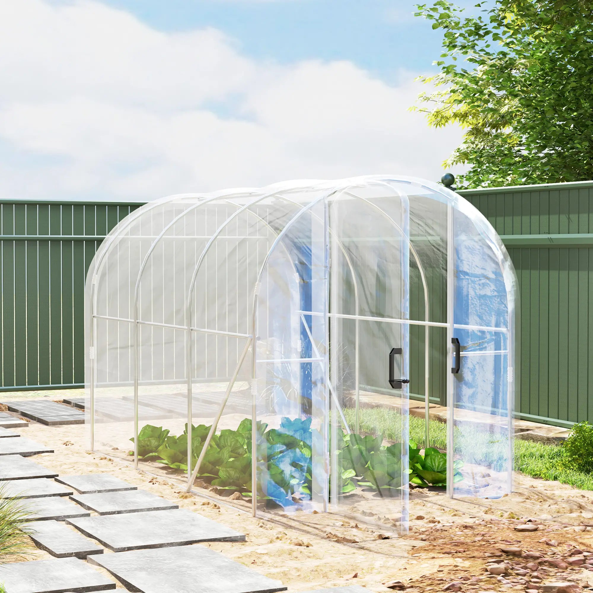 Walk-In Polytunnel Greenhouse with PE Cover, Hinged Door & Galvanised Steel Frame, 3 x 2 x 2m, Clear