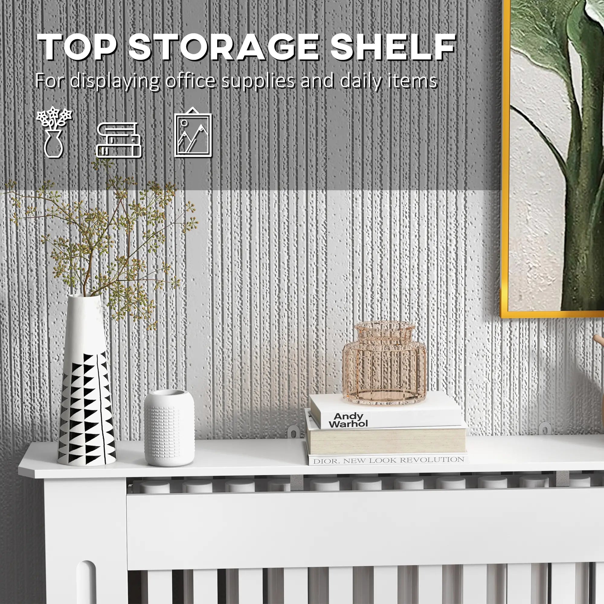 Slatted Radiator Cover Cabinet with Top Shelf – MDF Painted Heater Cover with Vented Grill, White, 112 x 19 x 81 cm