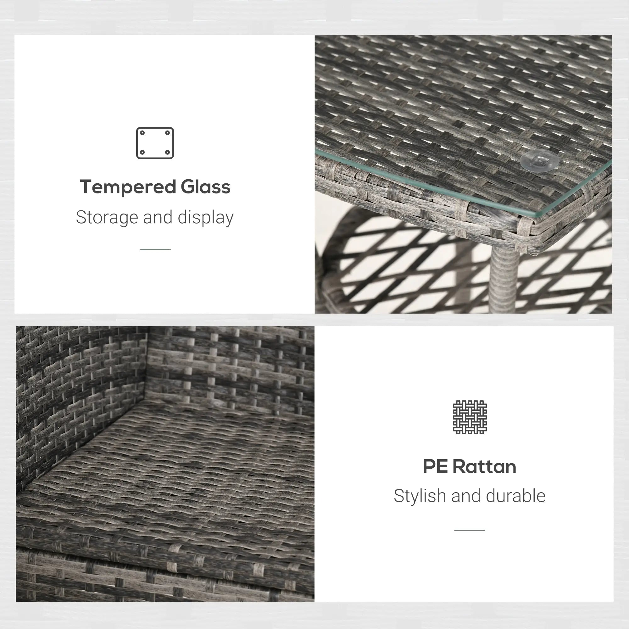 3 Piece Rattan Bistro Set with Cushions, 2 Chairs & 2-Tier Glass Coffee Table, Outdoor Wicker Garden Furniture for Patio & Balcony – Mixed Grey