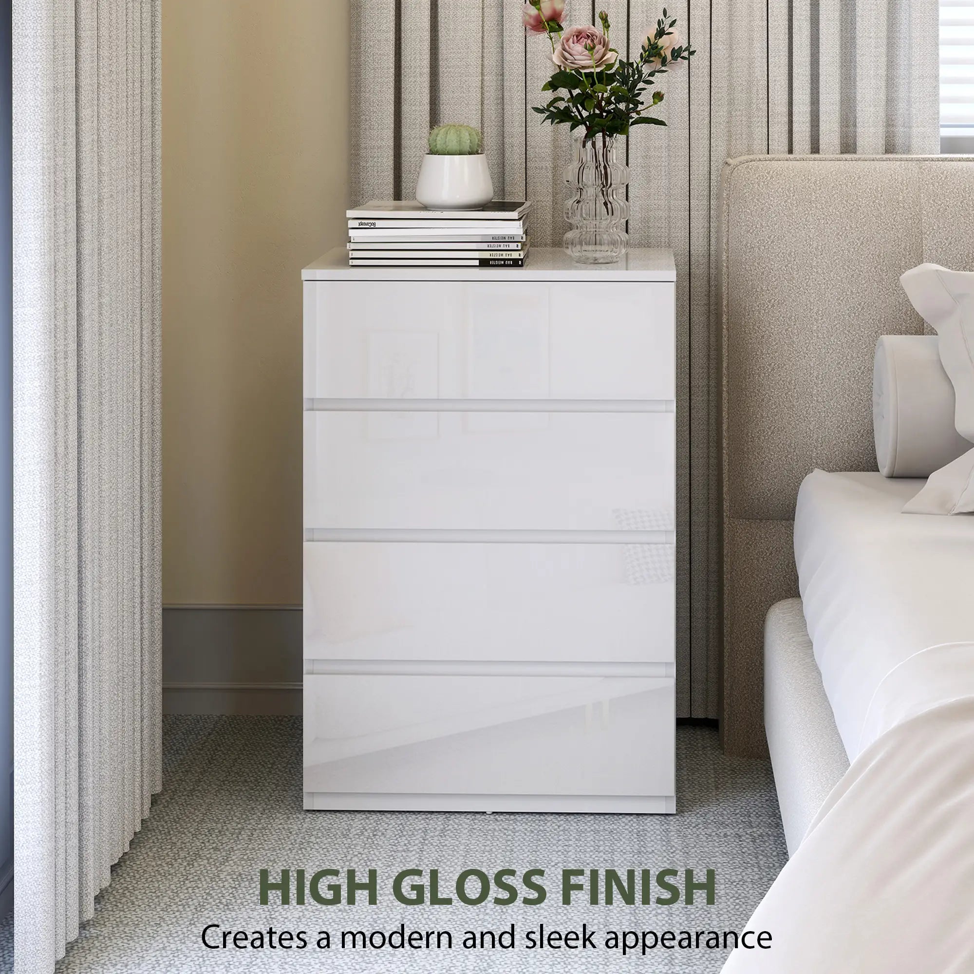 High Gloss Chest of Drawers – 4 Drawer Modern Storage Dresser for Bedroom & Living Room, White, 80 cm