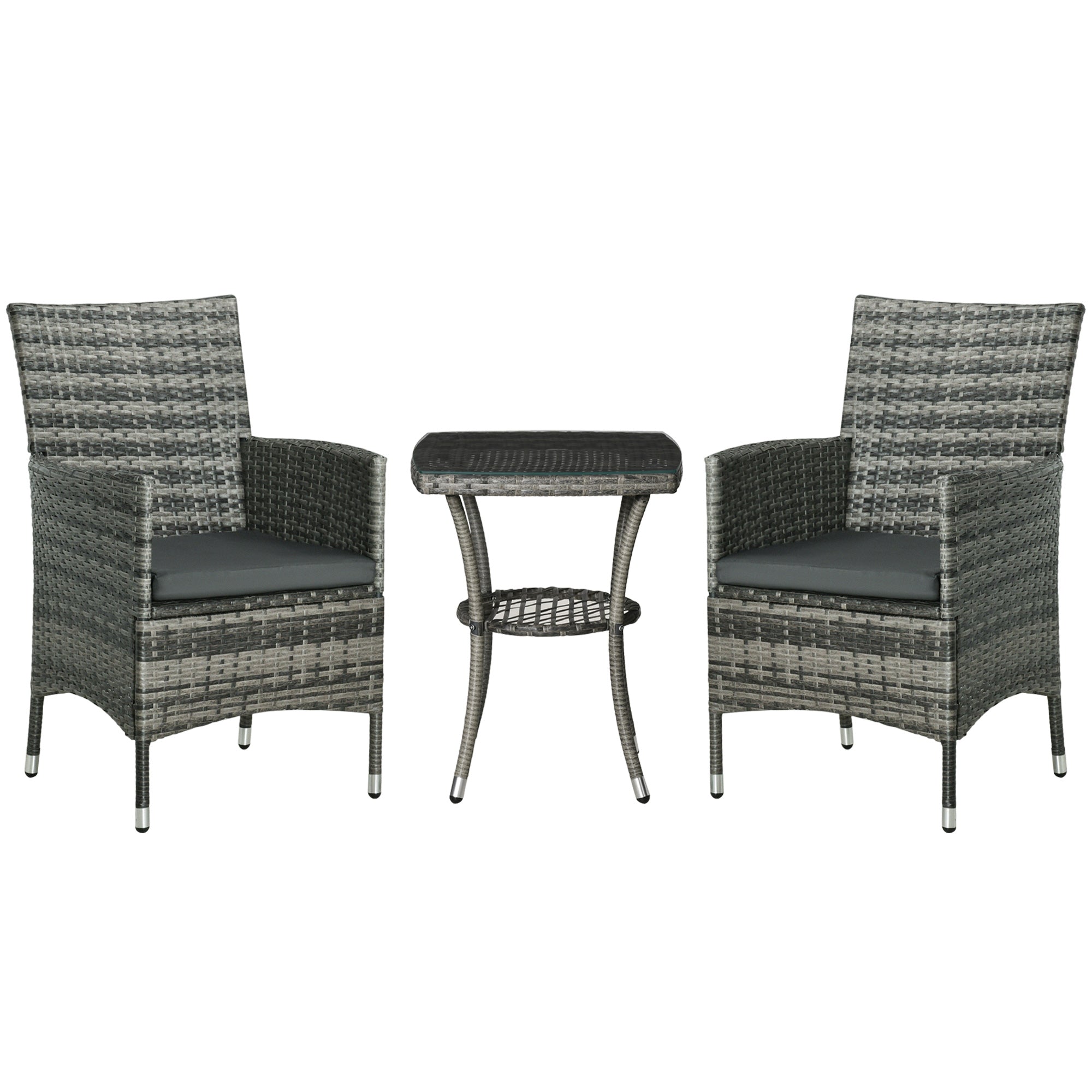3 Piece Rattan Bistro Set with Cushions, 2 Chairs & 2-Tier Glass Coffee Table, Outdoor Wicker Garden Furniture for Patio & Balcony – Mixed Grey