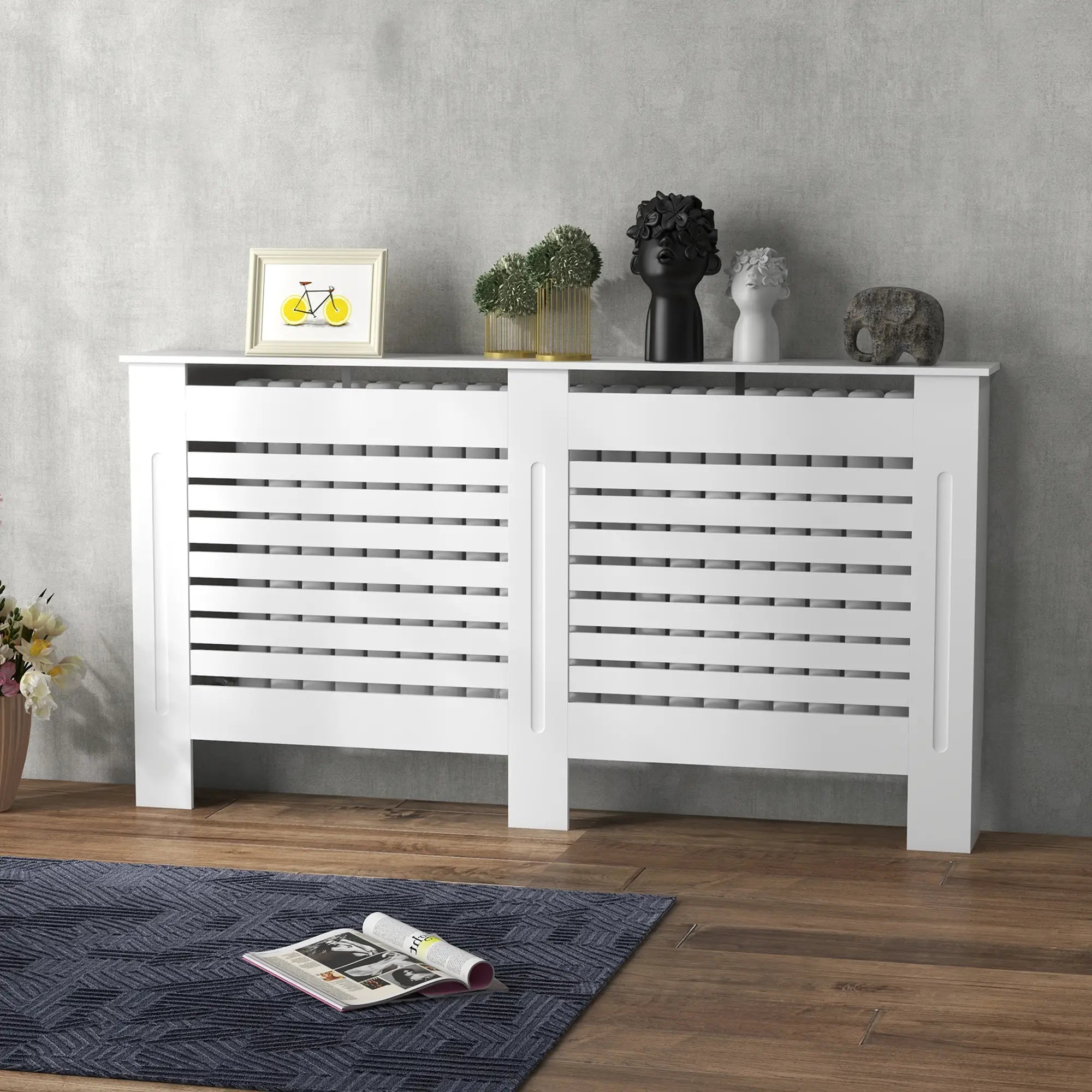 Radiator Cover Cabinet with Top Shelf – Modern MDF White Painted Heater Cover with Horizontal Slats, 152 x 19 x 81 cm